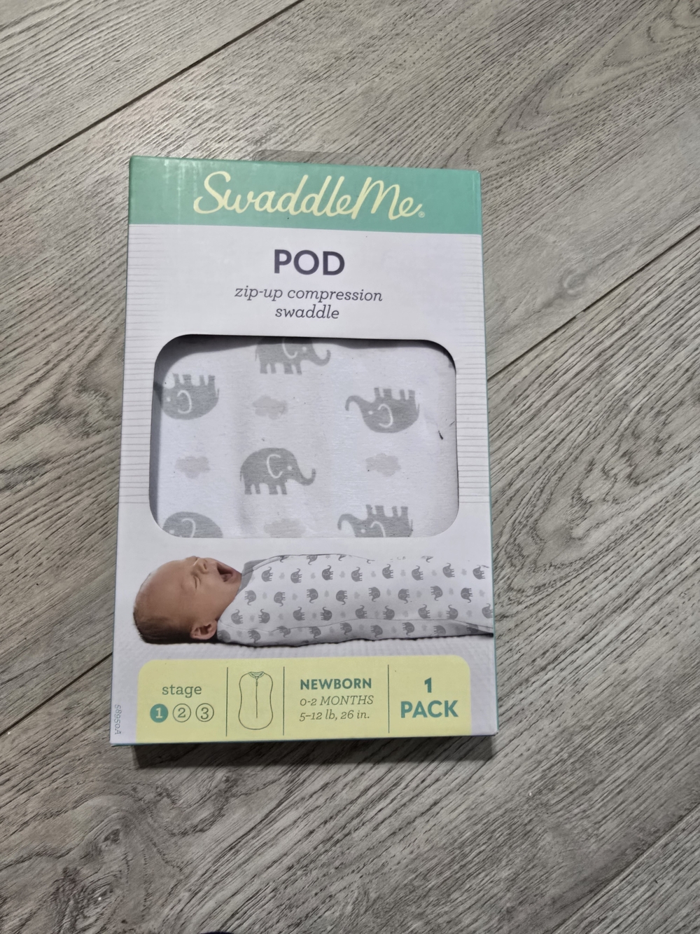 SwaddleMe Pod Zip-Up Compression Swaddle in White and Gray Elephant Print
